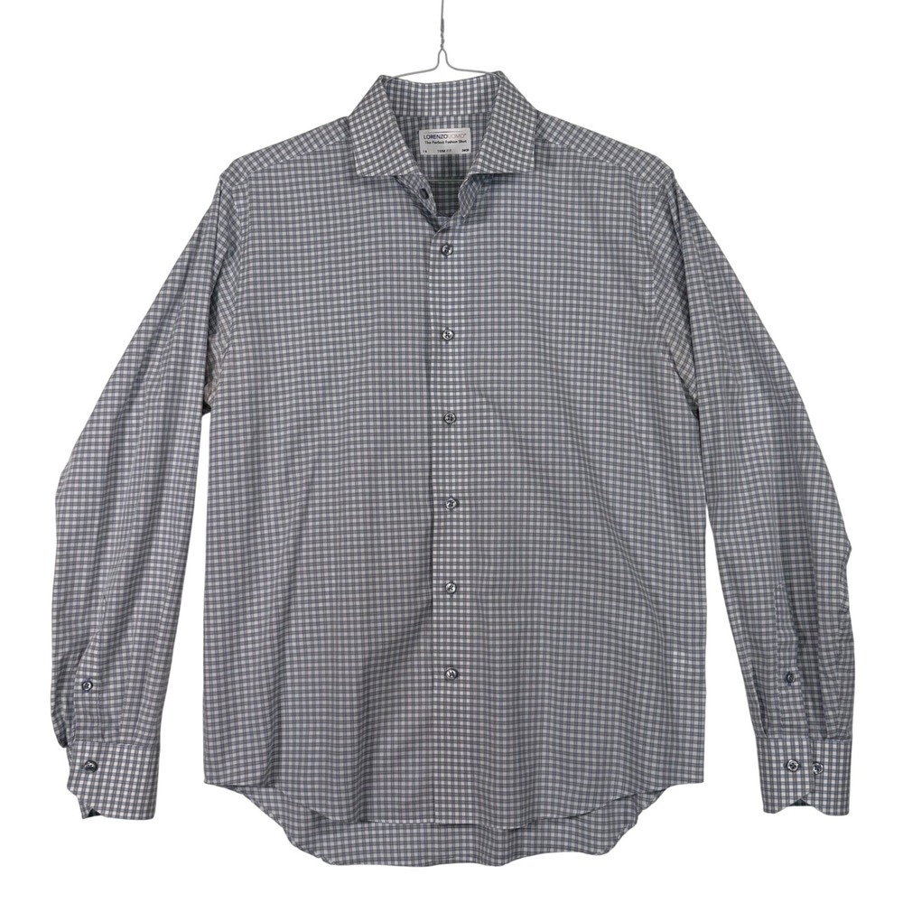 Lorenzo Uomo Trim Fit Plaid Dress Shirt Mens 16 34/35 Blue Grey Long Sleeve